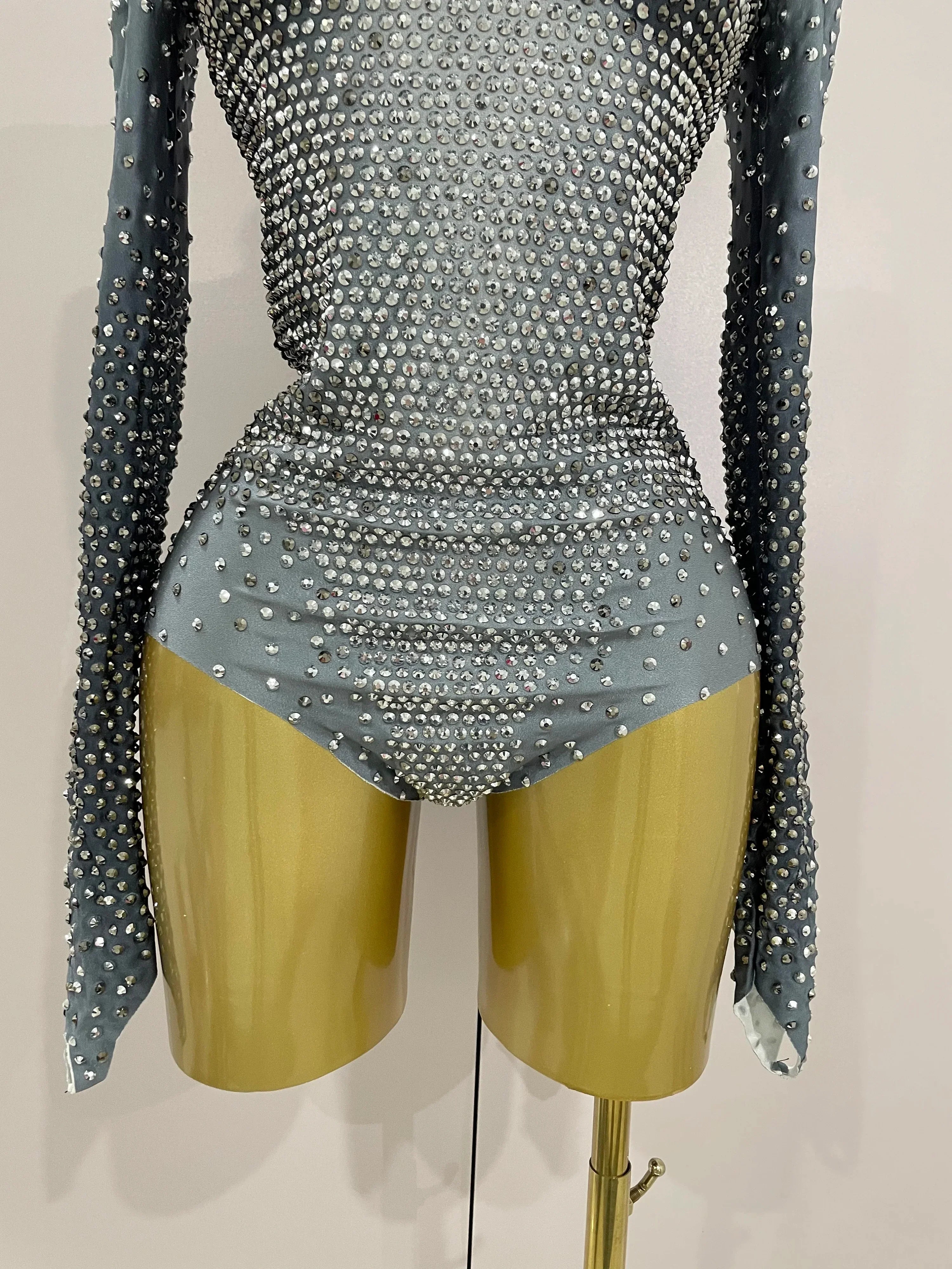 Norwish Sparkle Silver Rhinestones Long Sleeve Stretch Romper