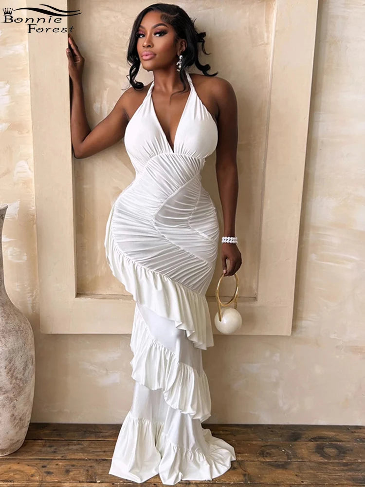 Bonnie Forest Halter Neck Ruched Mermaid Elegant V-Neck Ruffle Maxi Dress