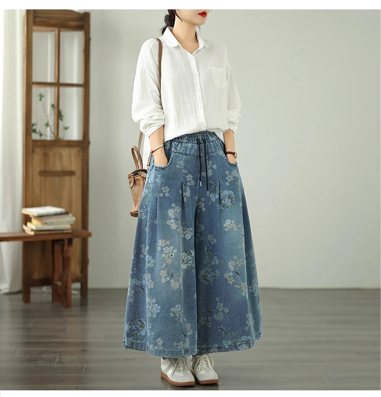 Printed Jeans For Women 2025 Autumn Vintage Extended Elastic Waist