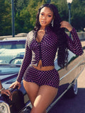 Mattituk Puss Polka Dot Print Women Tracksuit Zip Crop Two Piece Set
