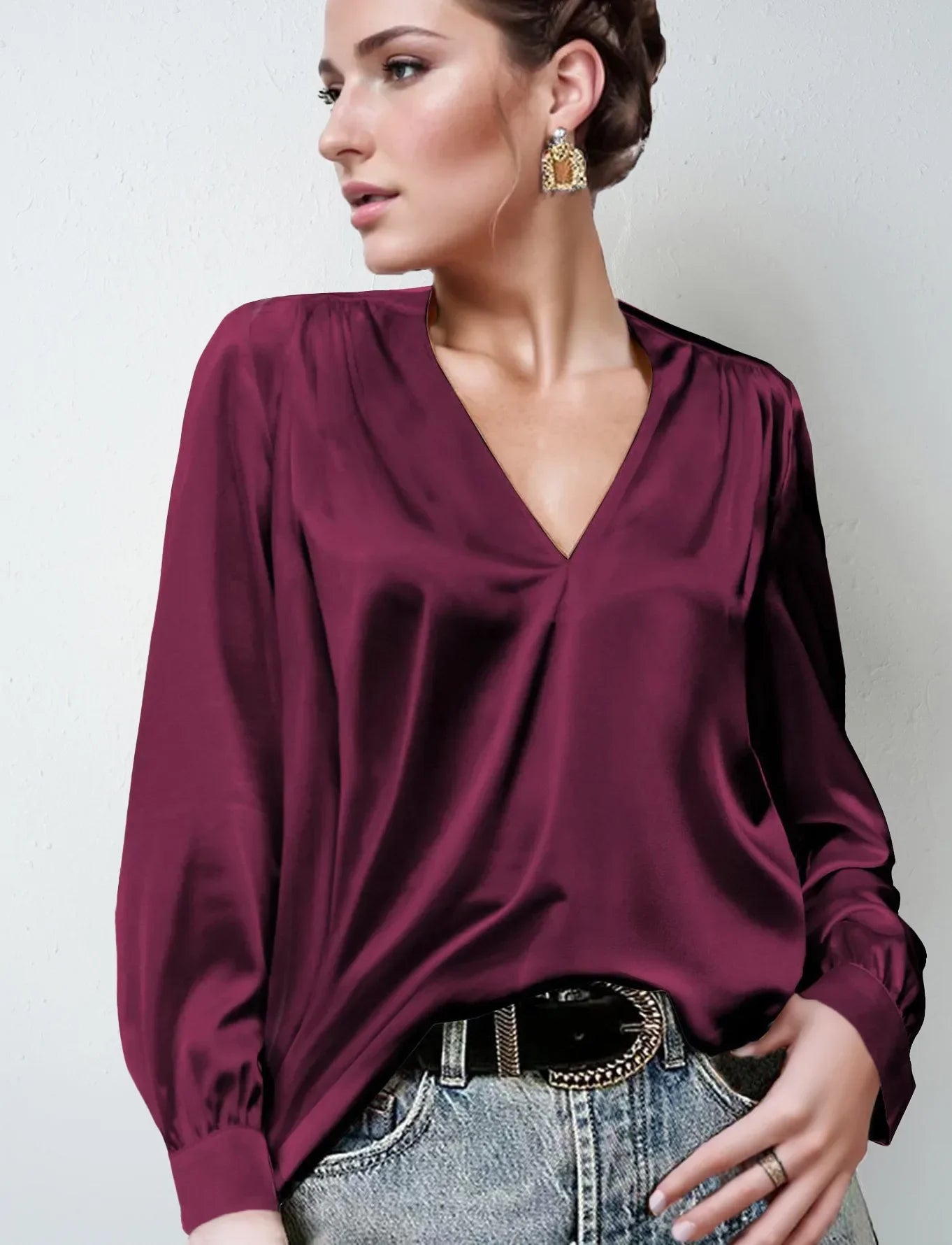 Elmer Solid Color V-Neck Long Sleeve Office Loose Elegant Blouse