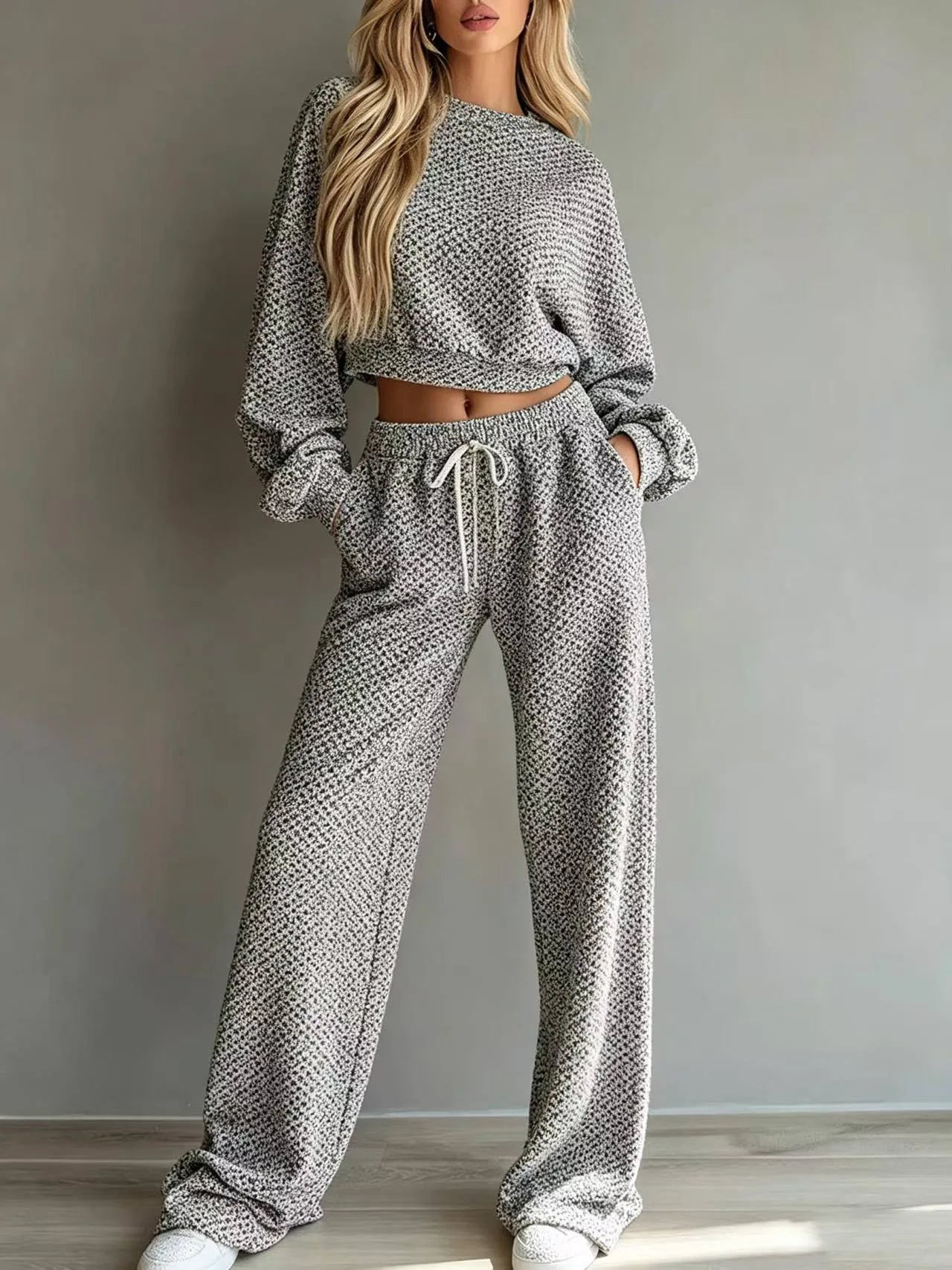 Eimy Long Sleeve Textured Lounge Wear Two Piece Sets