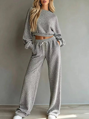 Eimy Long Sleeve Textured Lounge Wear Two Piece Sets