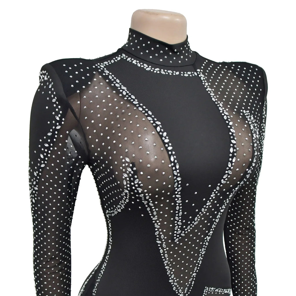 Upper West Sparkly Rhinestone Perform Costume Long Sleeve Sheer Mesh Jumpsuit
