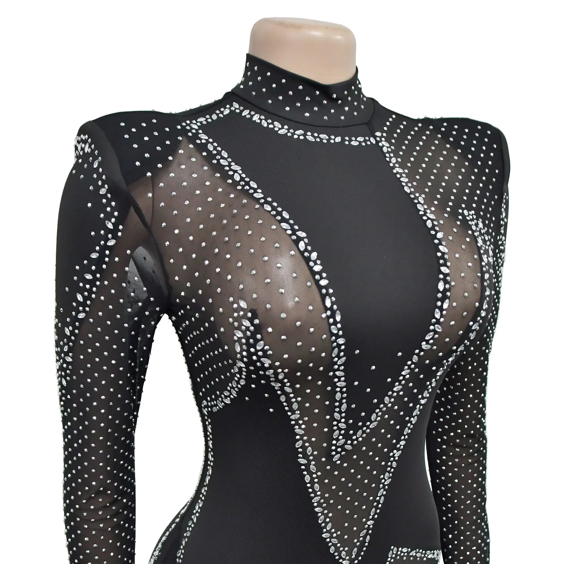 Upper West Sparkly Rhinestone Perform Costume Long Sleeve Sheer Mesh Jumpsuit