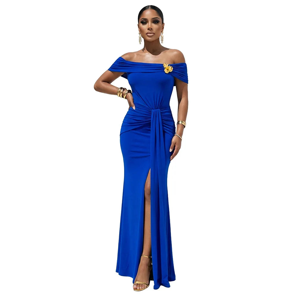 La Cuava Slash Neck Ribbon Elegant Sleeves Long Sexy Maxi Dress