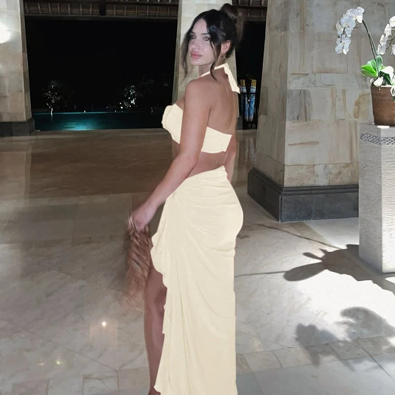 Ogdensburg Strapless Tie Flower Draped Sexy Crop Tank Slit Tassel Set