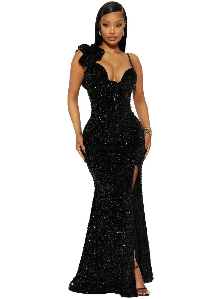 Bayone Sexy Sequins Solid Sexy Slim Fit Evening High Waist Elegant Lady Sleeveless Split Dress