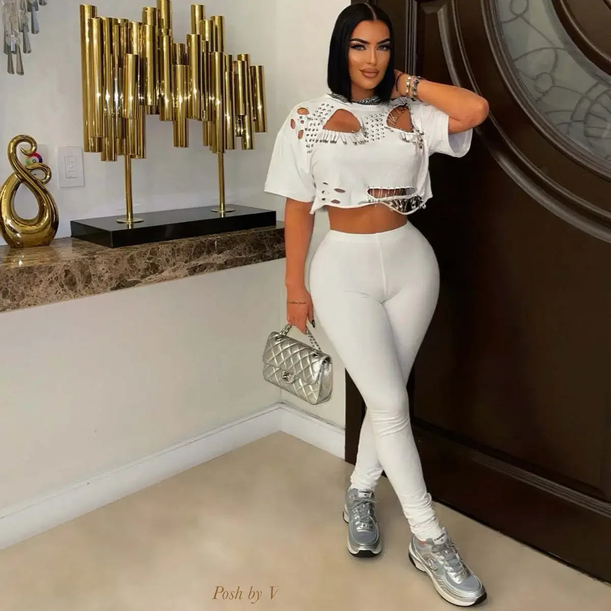 Prospect Hollow Out Hole Pin Sleeve Tide Outfit Tracksuit Two Piece Set