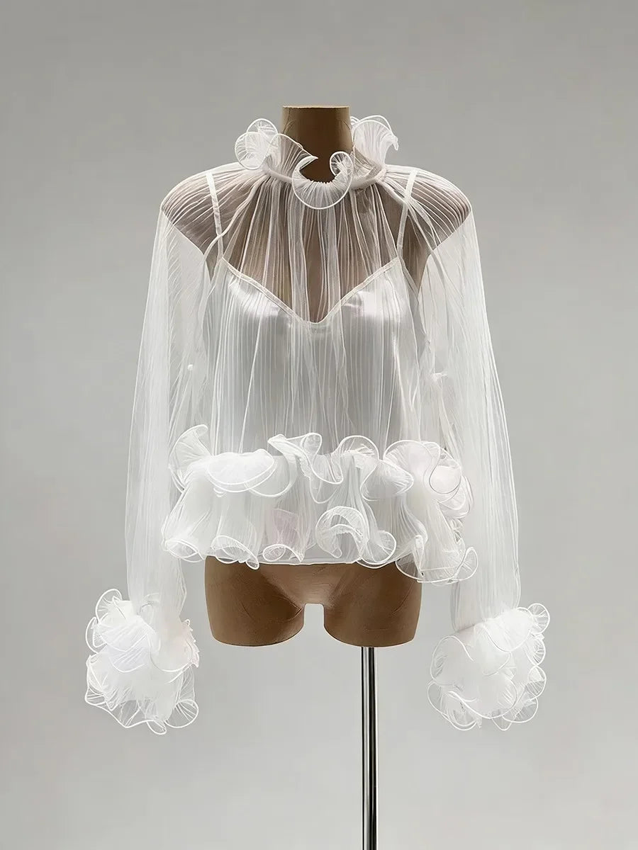 Quakertown Solid Sheer Spliced Fungus Folds Fashion Blouses