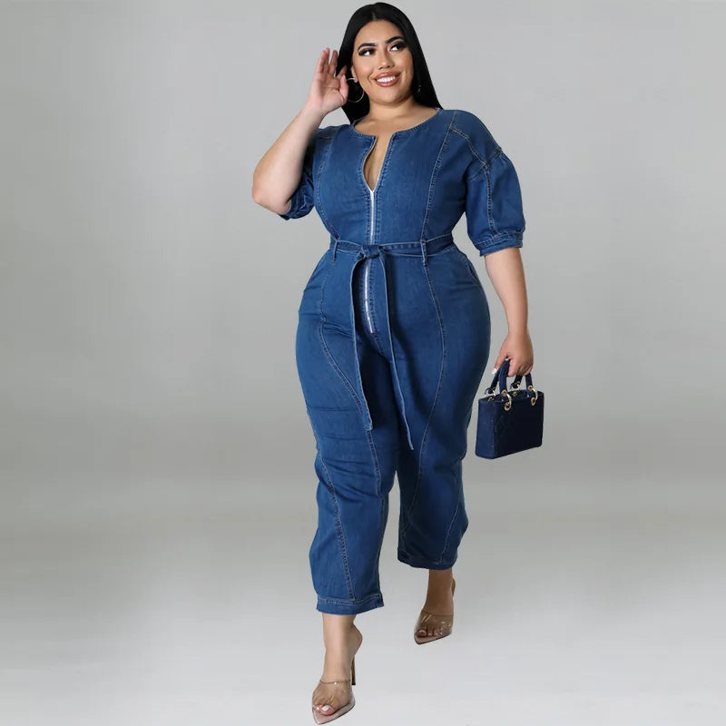 Plus Size Half Zipper Front Belted Jumpsuit Women New Streetwear Puff Sleeve Fashion Washed Jumpsuit
