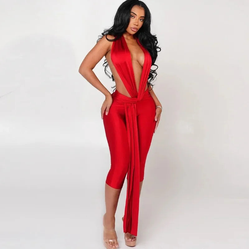 Cornie Lace-up One Piece Outfit Night Out Party Halter Backless Deep V-neck Jumpsuits