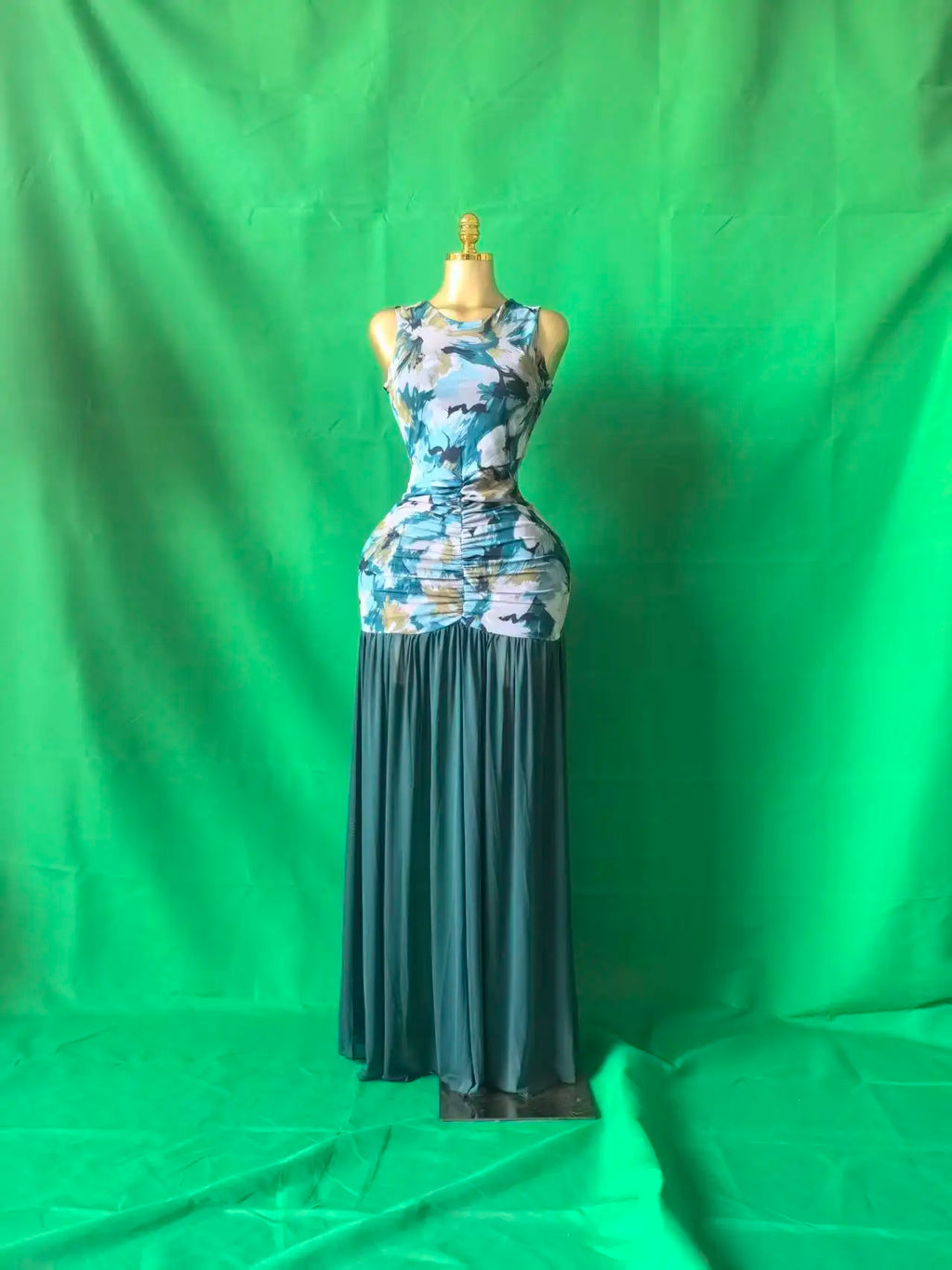 Printed Ruched Stacked Sleeveless Long Maxi Dress