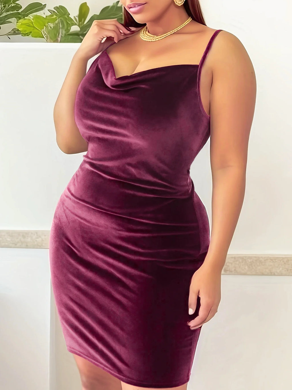 Sparta Plus Size Solid Ruched Cami Casual Sleeveless Cowl Neck Slim Dress
