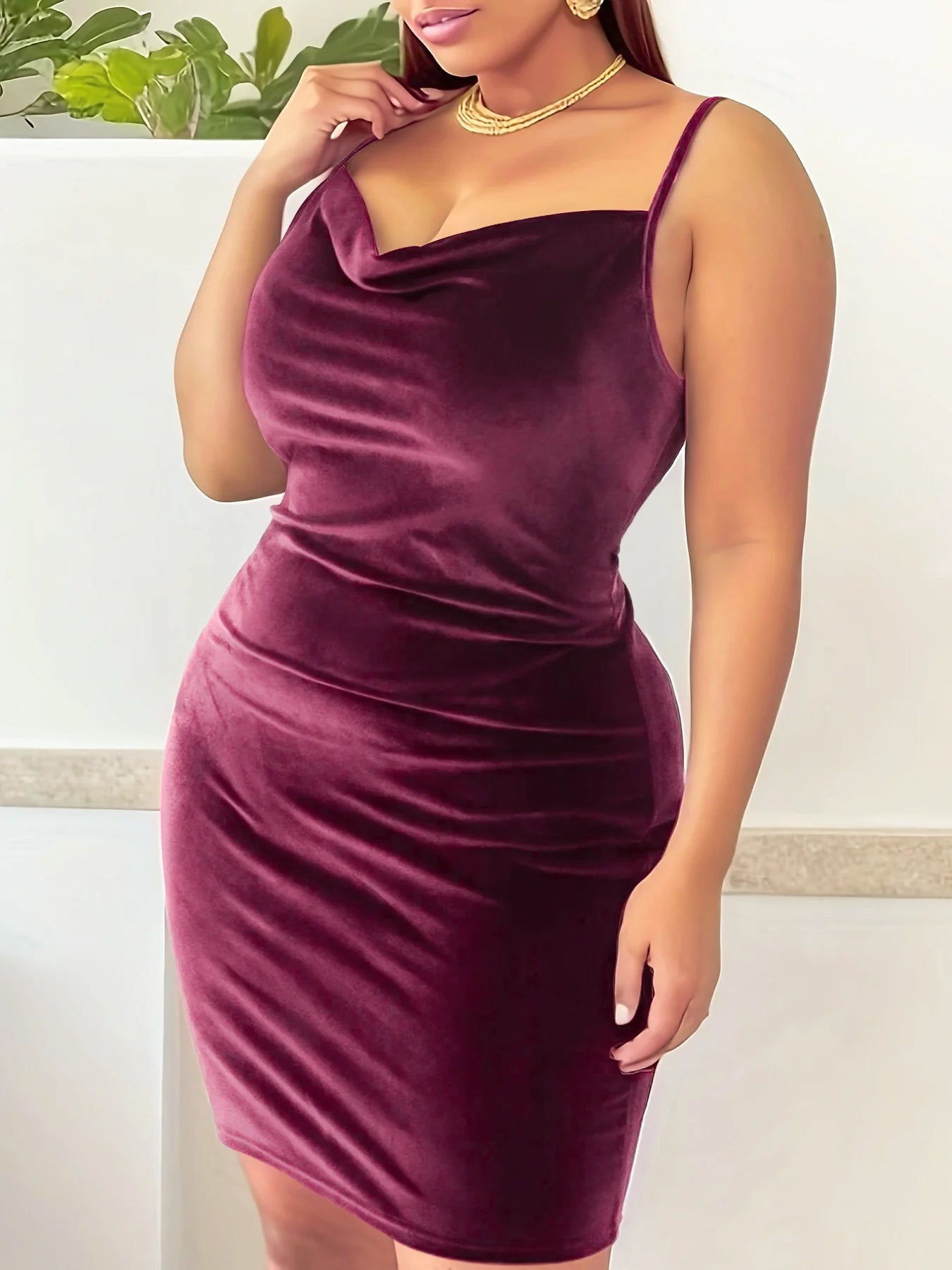 Sparta Plus Size Solid Ruched Cami Casual Sleeveless Cowl Neck Slim Dress