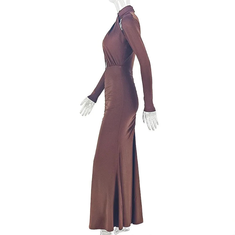Bedford Turtleneck Hollow Out Chest Wrapped Long Sleeve Pleated Bodycon Long Dress