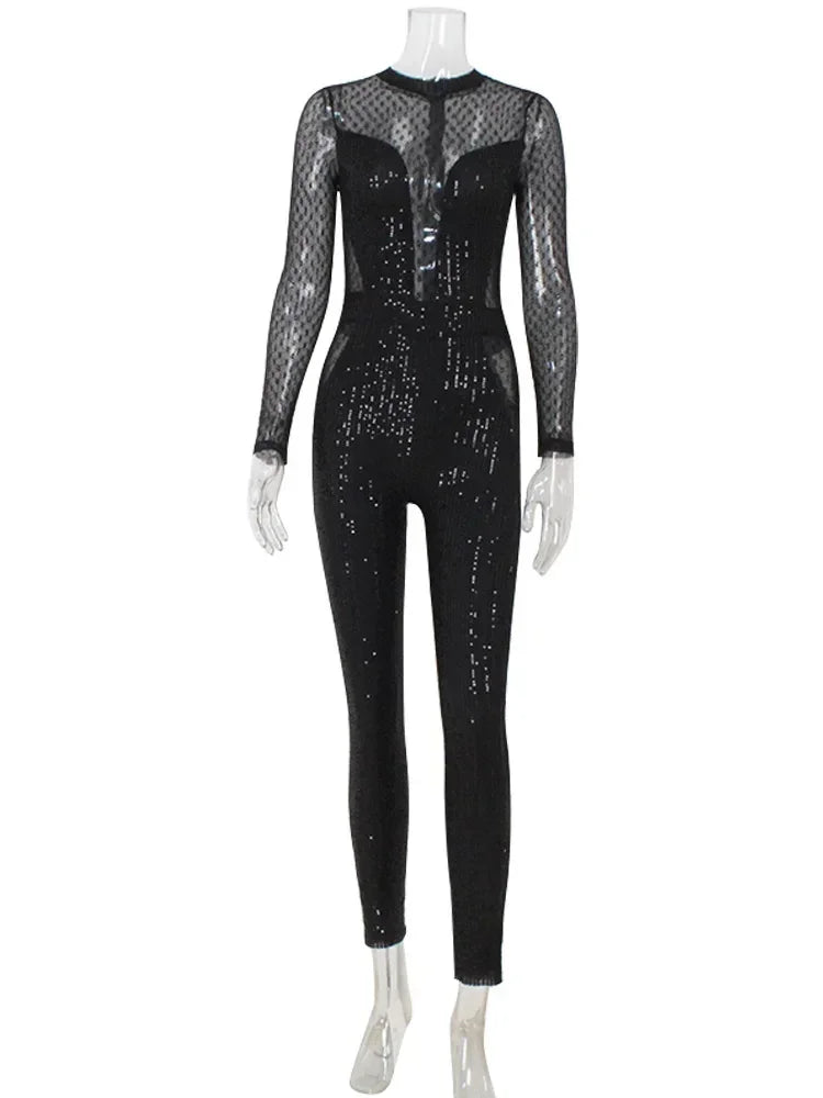 City Hall Mesh Squined Solid See Through O-Neck Regular Long Sleeves Skinny Jumpsuit