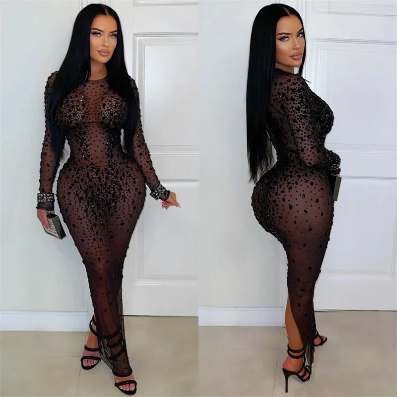 Memphis Mesh See Through Black Rhinestone Luxury Sexy Long Sleeve Bodycon Maxi Dress