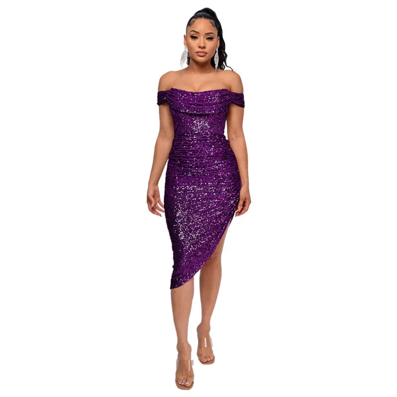 Virginia One Shoulder Bodycon Sparkly High Slit Midi Dresses