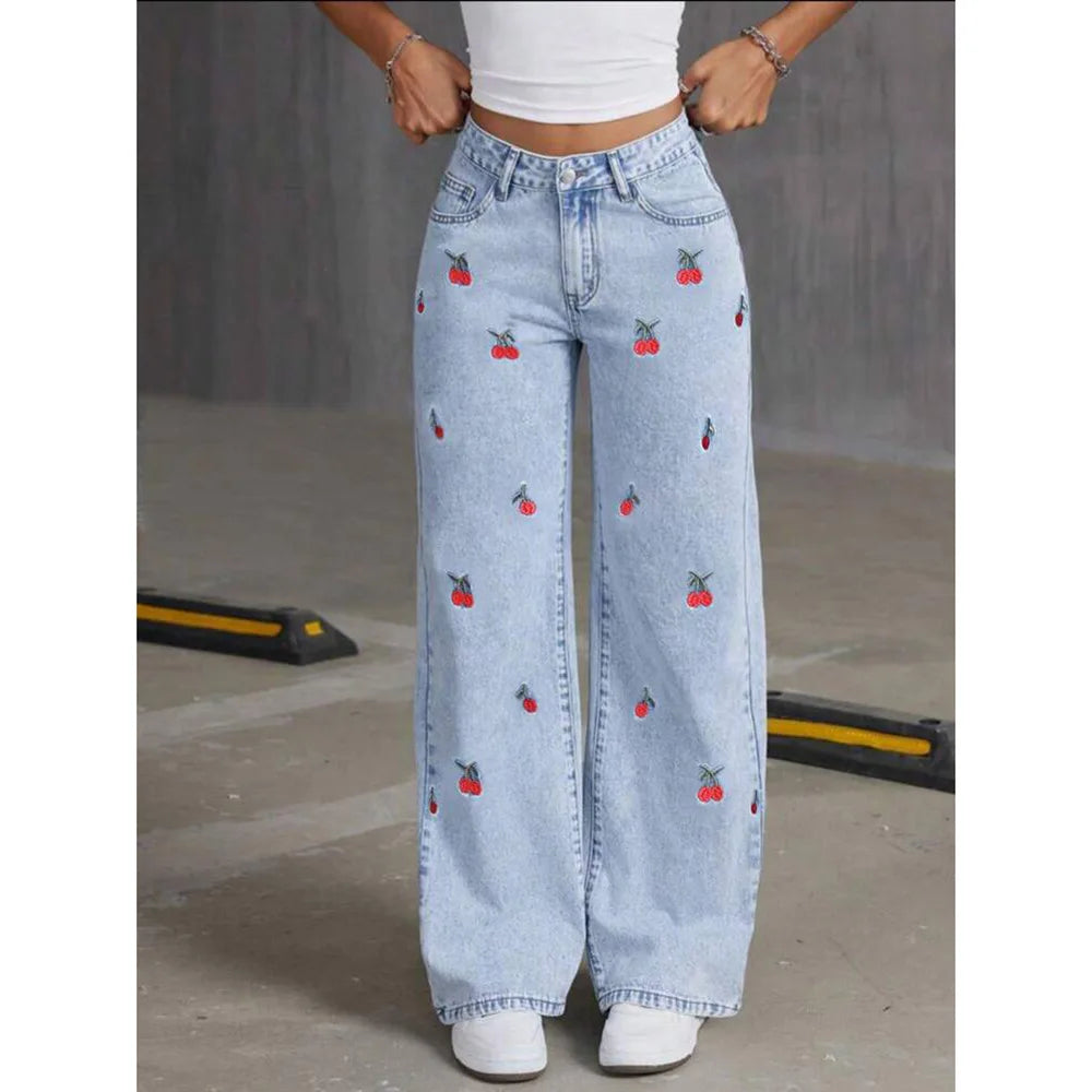 2026 Women Jeans Embroidery High Waist Distressed Washed Denim Wide