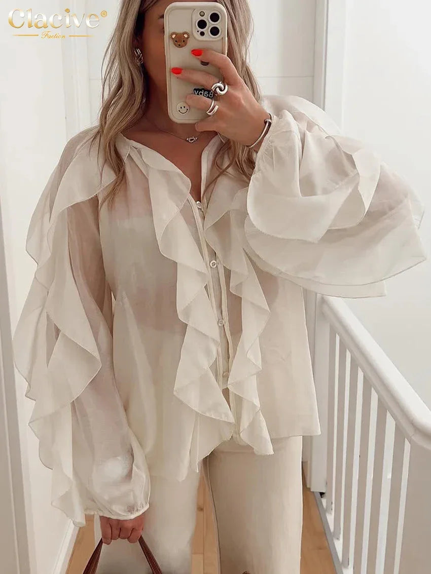 Slatington V-Neck Long Sleeve Elegant Classic Ruffle Solid Top