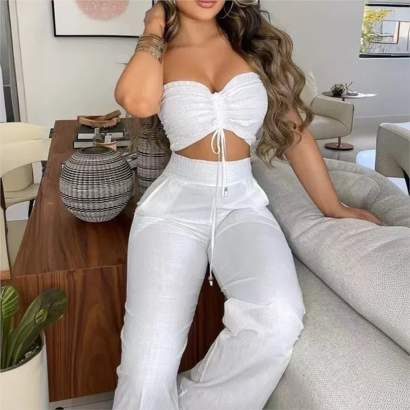 Samara White Waistless Slim-Fitting Two Piece Sets