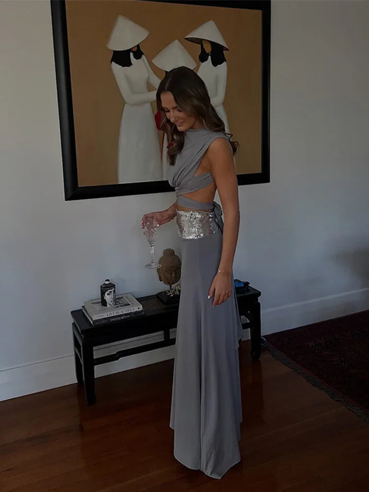 Obaska Stylish Sexy Backless Shiny Sleeveless O Neck Set