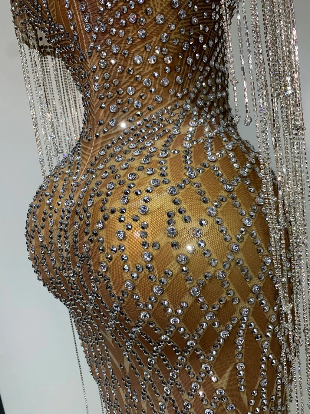 Bedford Luxury Sparkly Rhinestones Tassel Transparent Mesh Stretch Long Dress