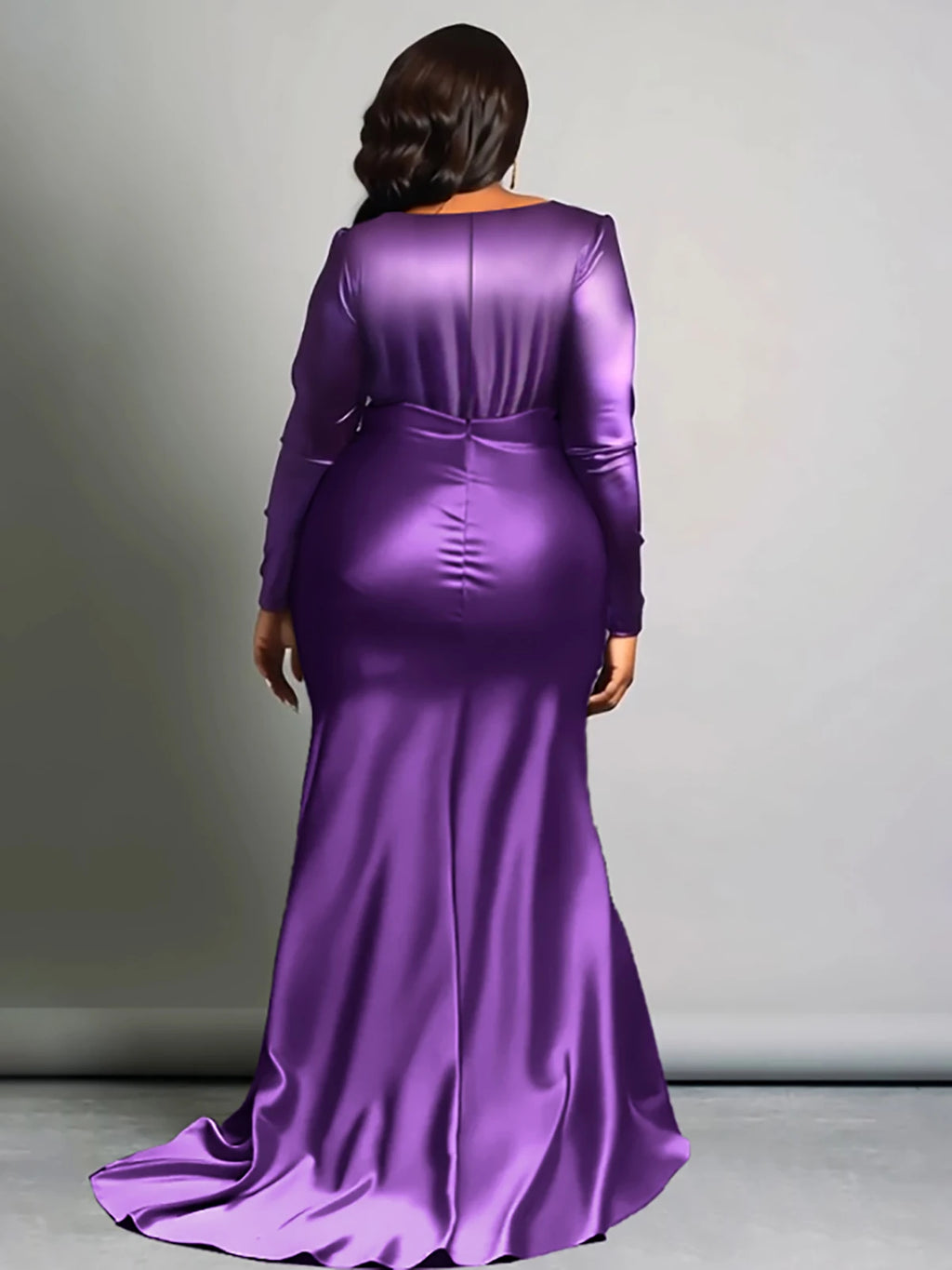 Plus Size Elegant Solid V-Neck Long Sleeve High Waist Luxury Evening Gown