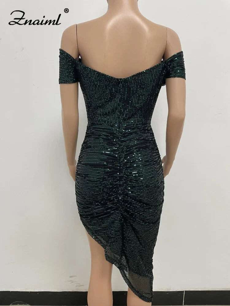 Virginia One Shoulder Bodycon Sparkly High Slit Midi Dresses