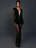 Milford Deep V Neck Long Sleeve Sexy Patchwork See Through Ruched Jumpsuits