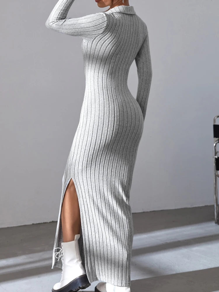 Virginia Knit V Neck Reverse Neck Split Falls Dress