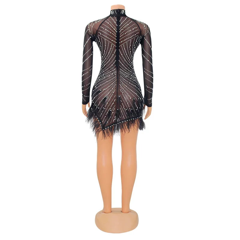 Whippany Pearls Rhinestone Party Elegance Nightclub Feather Mini Dress