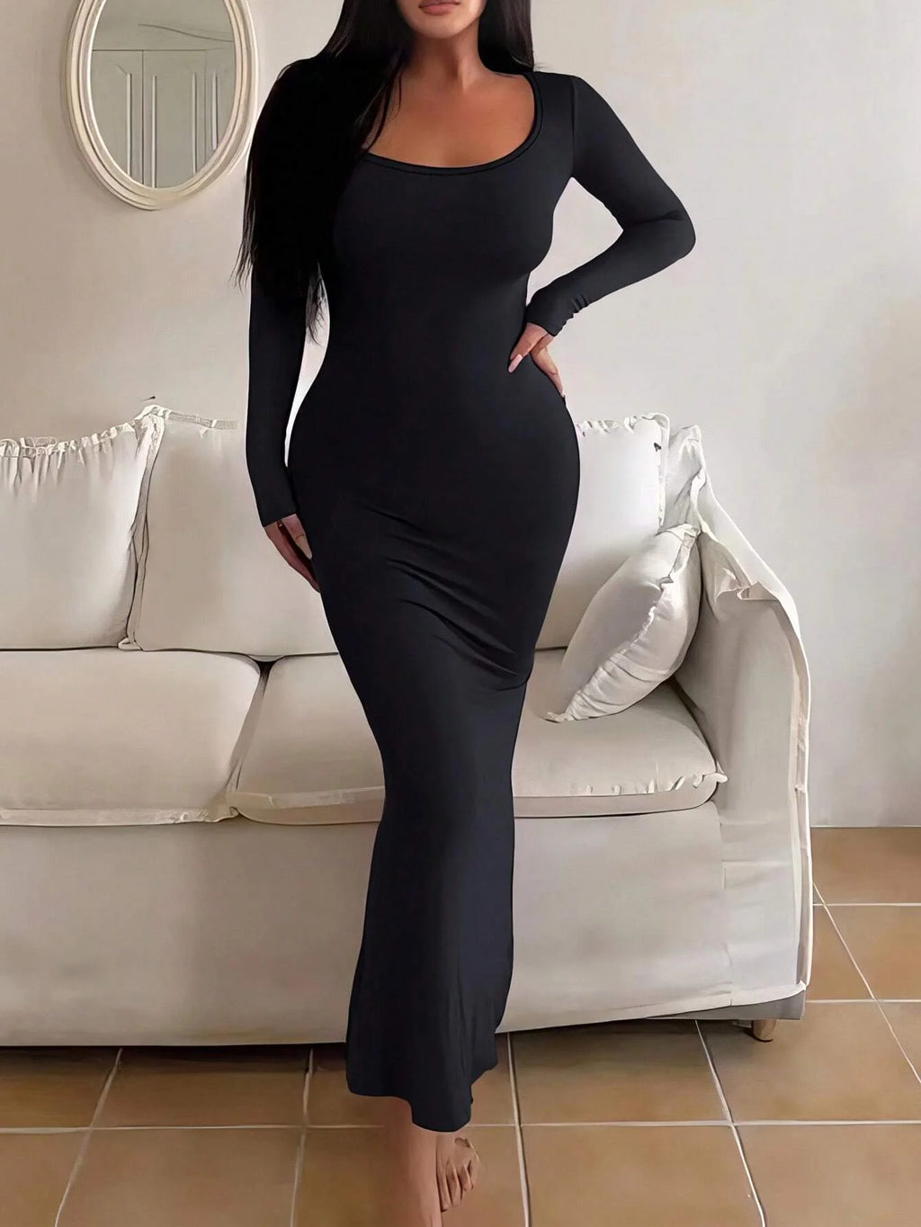 Indianna Plus Size Long Slim Fit with Square Neck Long Sleeves Extra Lengthy Dress