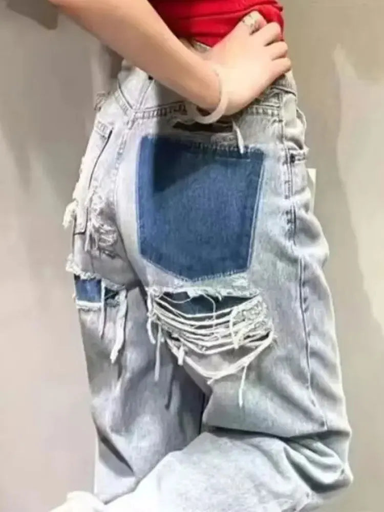 Jeans For Women 2024 Denim Solid Loose Zipper Fly Female Hole Trouser