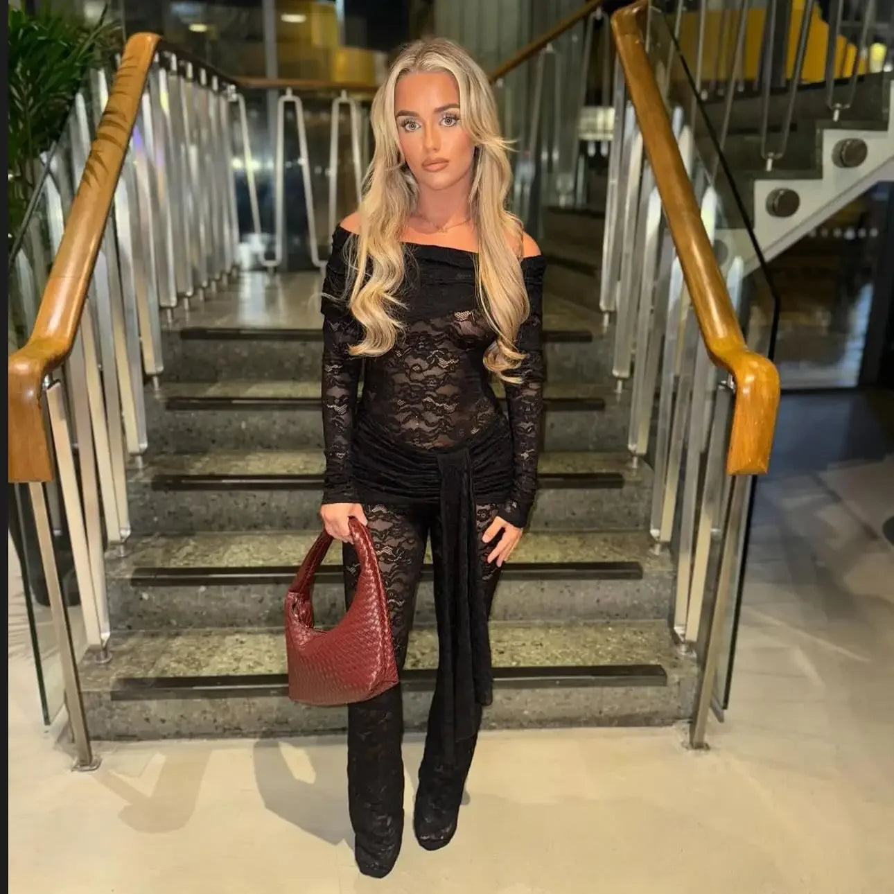 Westport Lace Sexy See Through Off-shoulder High Waist Club Party Jumpsuits