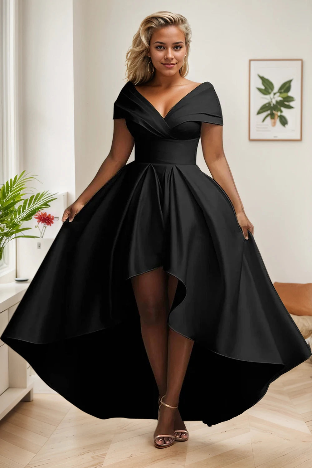 Noho Satin Off Shoulder Aysmmetry Hem Elegant Casual Short Sleeve Cocktail Maxi Dress