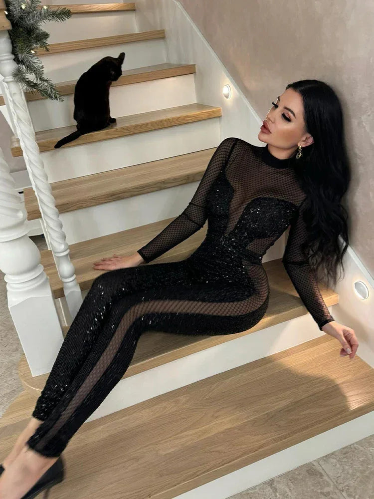 City Hall Mesh Squined Solid See Through O-Neck Regular Long Sleeves Skinny Jumpsuit