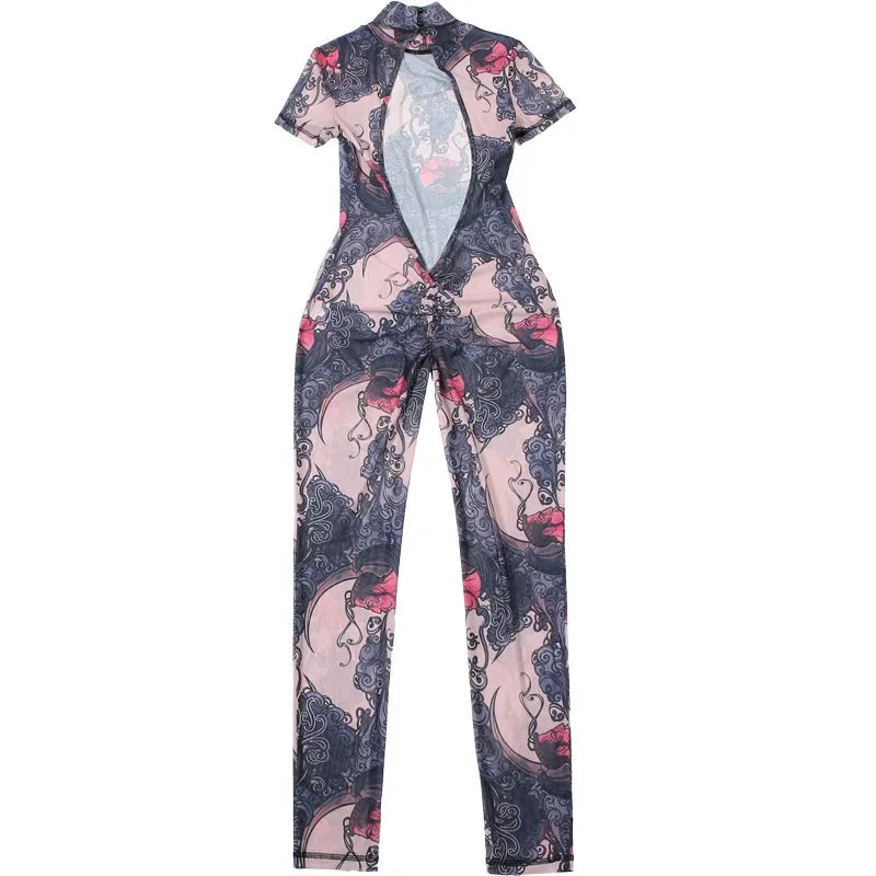 Auburn Hollow Out Playsuits Female Nightout Fashion Mesh Thin Sheer Jumpsuits