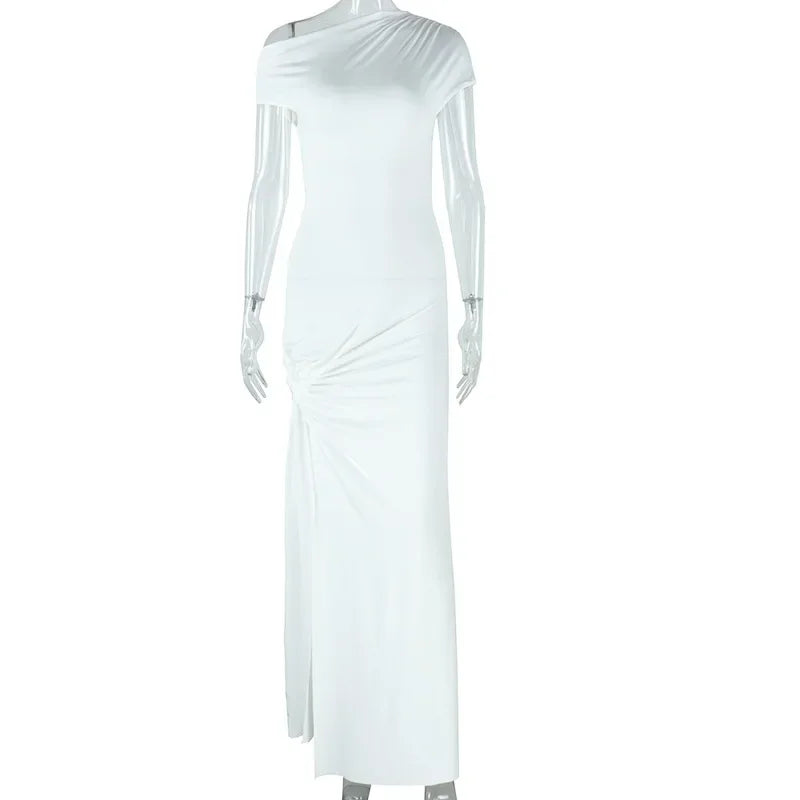 Milan Skew Collar Ruched Sexy Street Slim Evening Night Club Long Maxi Dress