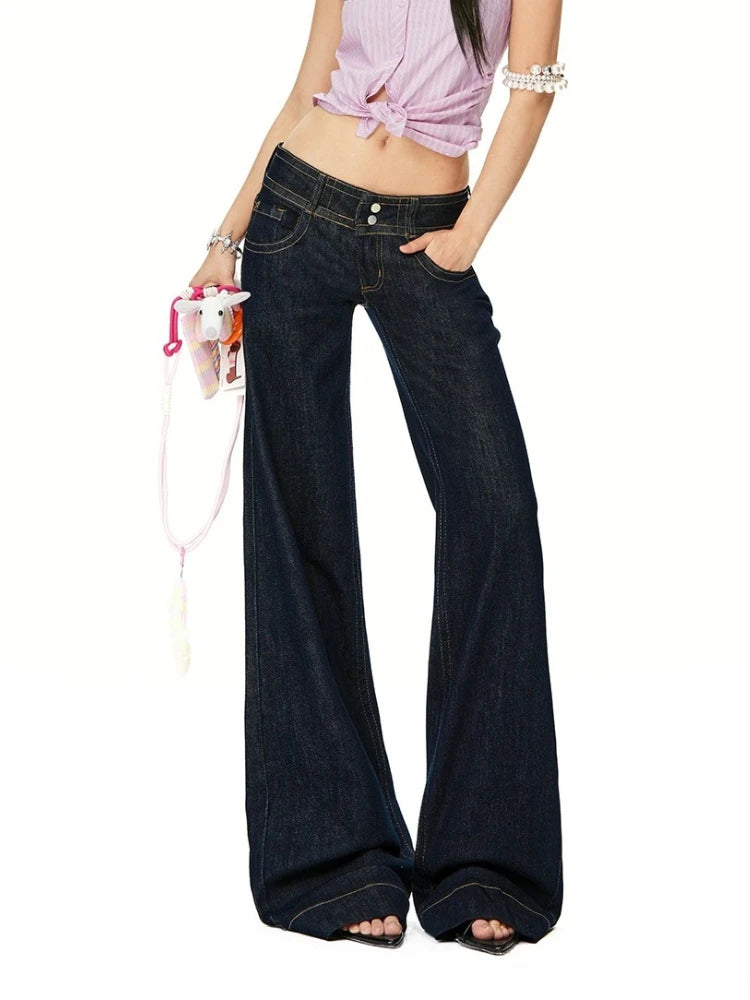 Women Vintage Blue Jeans Hip Hop Fashion Streetwear Y2K Wide Leg Straight