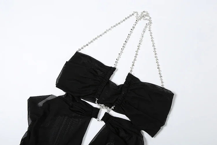 Pine Plains Sexy See Through Luxury Chain Halter Low Neck Backless Dress