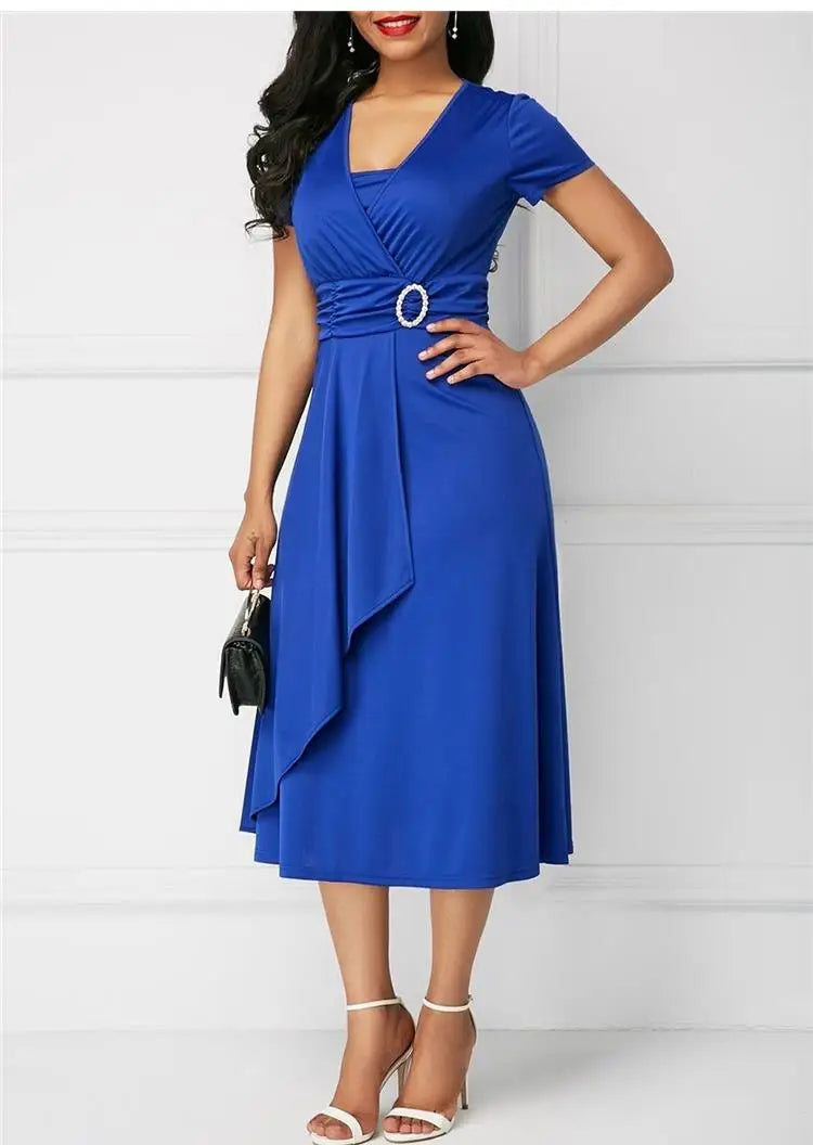 Seattle Solid Color Short Sleeve V Neck Asymmetric Hem Waist Midi Party Dress
