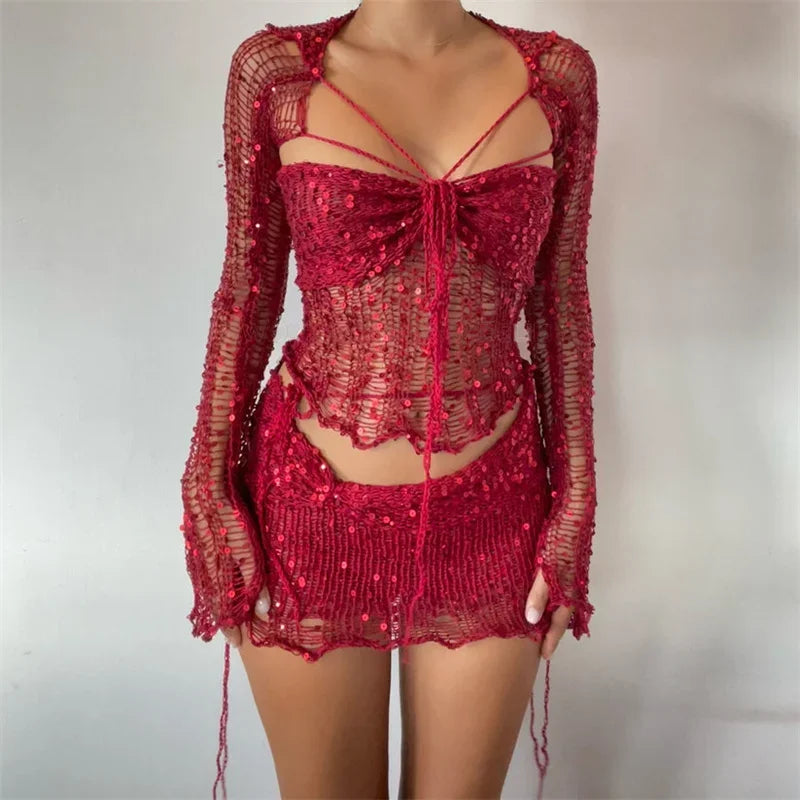 Ismel Glitter Sequins Knitted Two Piece Sets