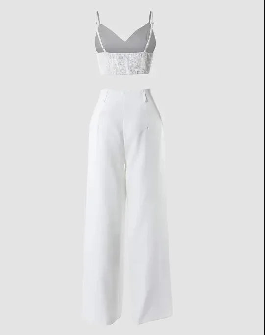 Spaghetti Strap V-Neck Crop Top & Wide Leg Pants Set
