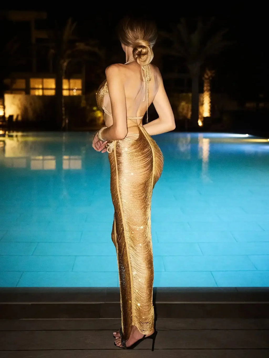Petawawa V Neck Cut Out Tassel Midi Backless Bodycon Party Dress