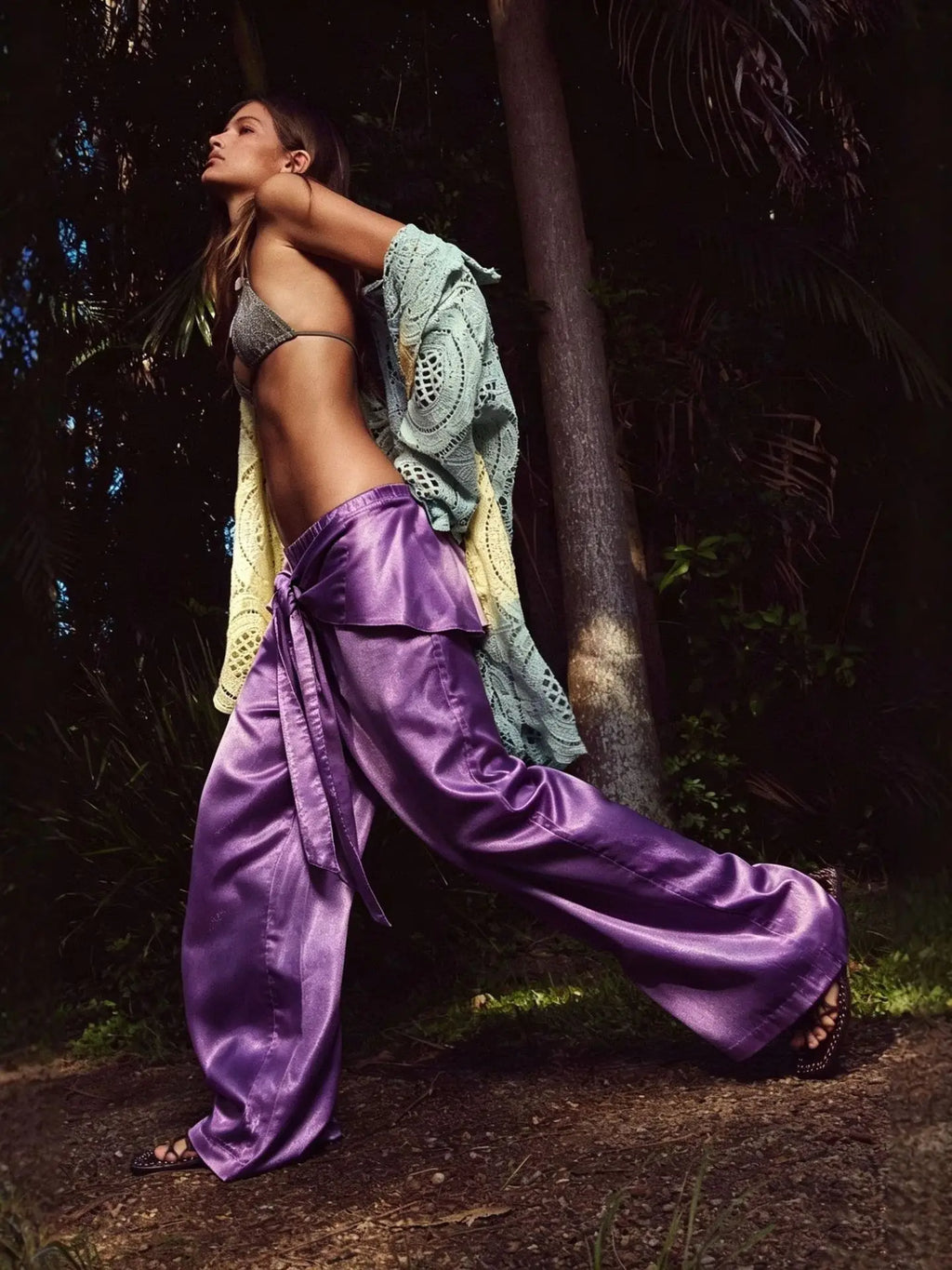 Boca Chica Tie Waist Foil Satin Wide Leg Boho Lazy Casual High Waist Pants