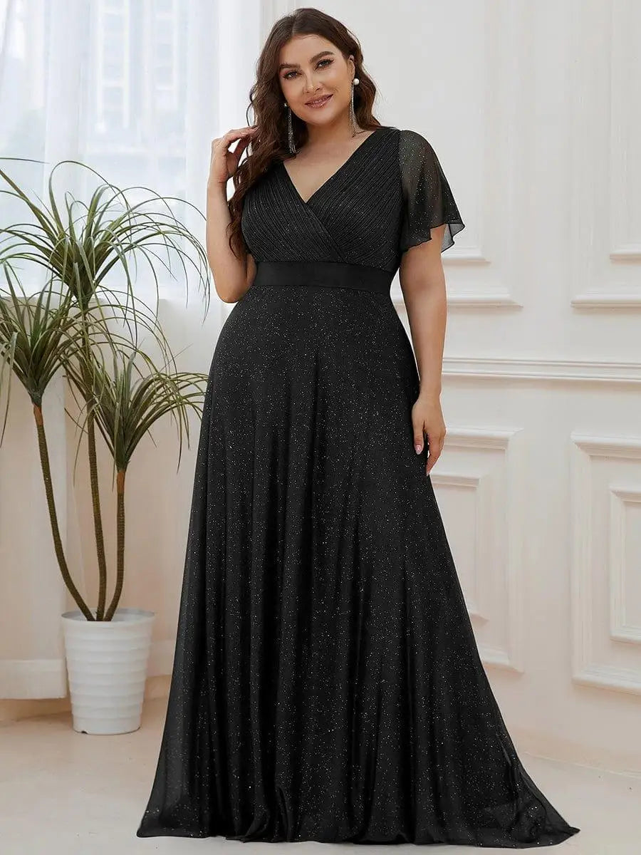 Gazcue Plus Size Chiffon Mother of the Bride Party Glitter V Neck A Line Dress