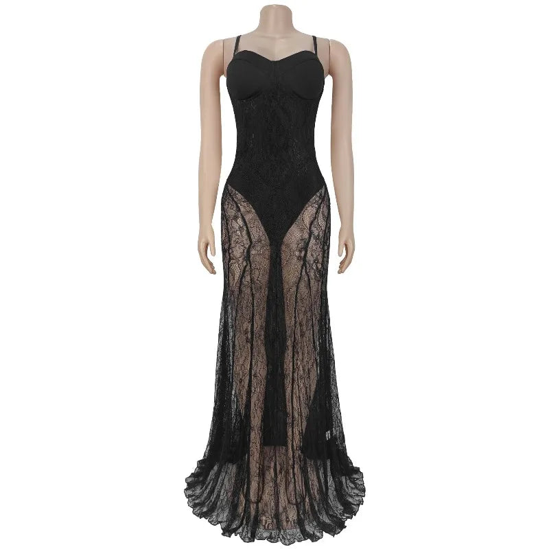 Harlem See Through Lace Mermaid Evening Dress Nightclub Spaghetti Strap