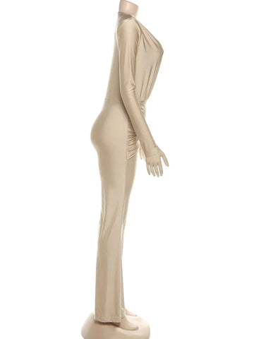 Rochester Puss Cross Ruched Patchwork Deep v-Neck Elegant Jumpsuit